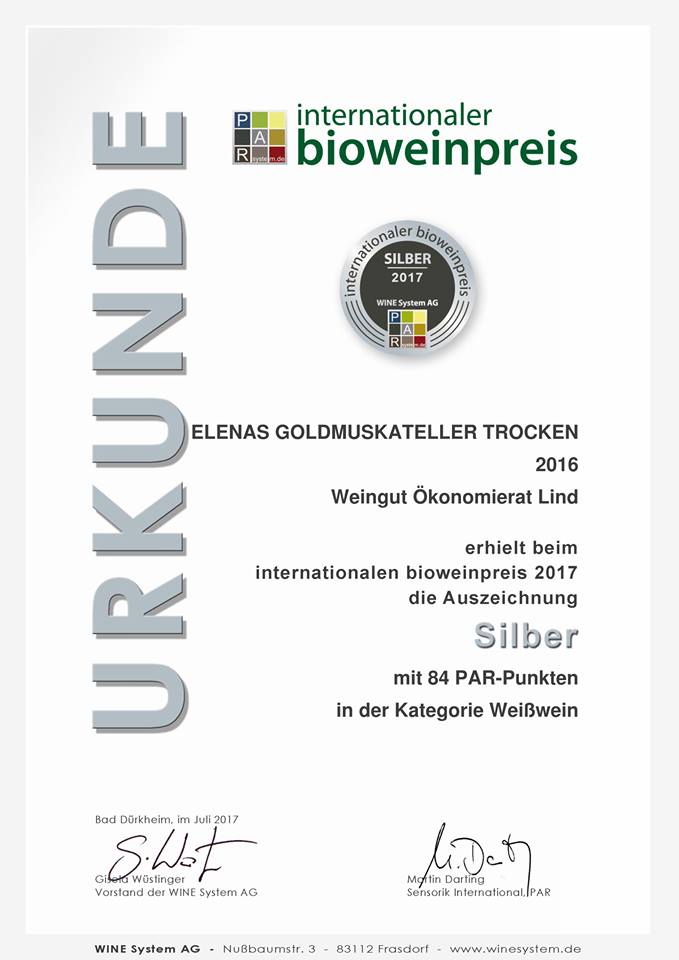Internationaler Bioweinpreis Elenas Goldmuskateller 2016 - Silber Internationaler Bioweinpreis Elenas Goldmuskateller 2016 - Silber