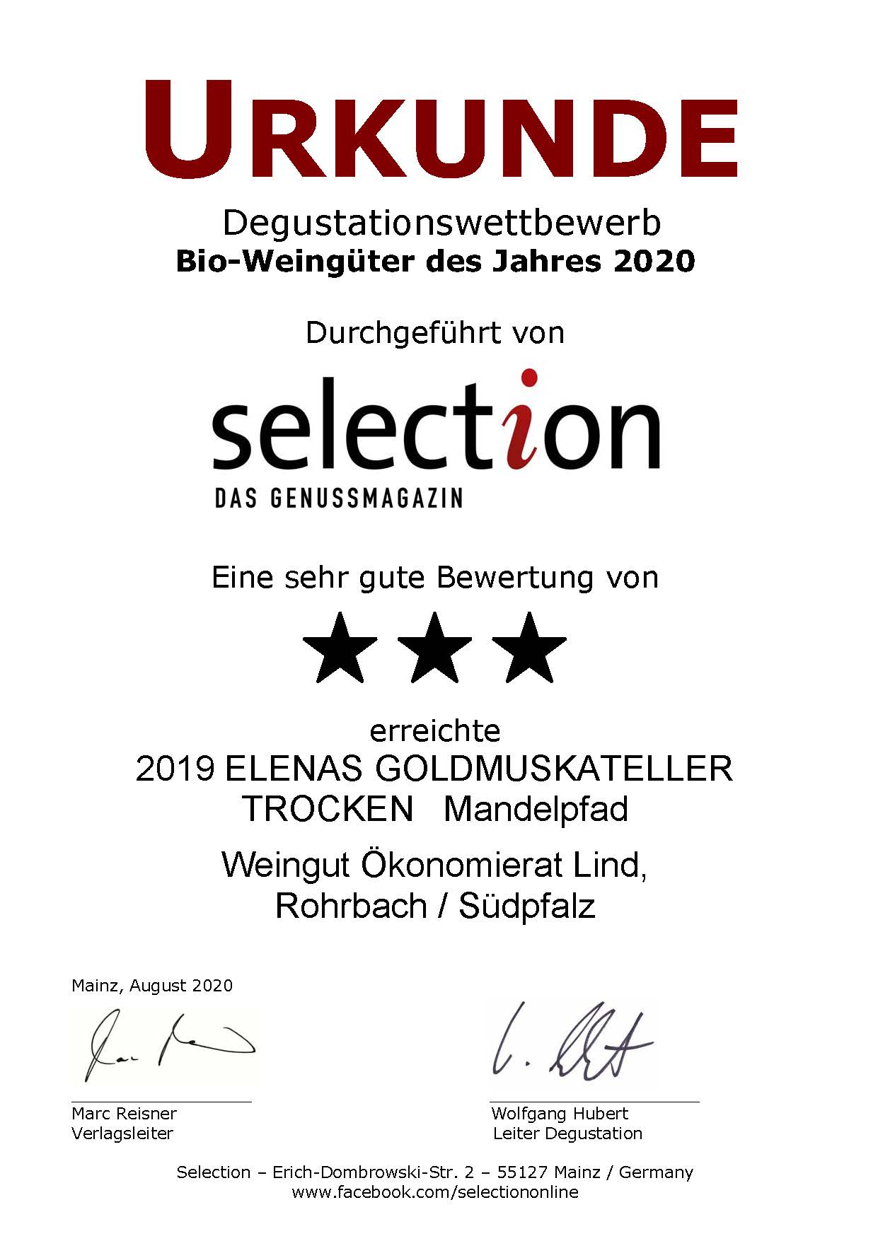 Nr. 01 - ELENAS GOLDMUSKATELLER TROCKEN - 3 Sterne Nr. 01 - ELENAS GOLDMUSKATELLER TROCKEN - 3 Sterne