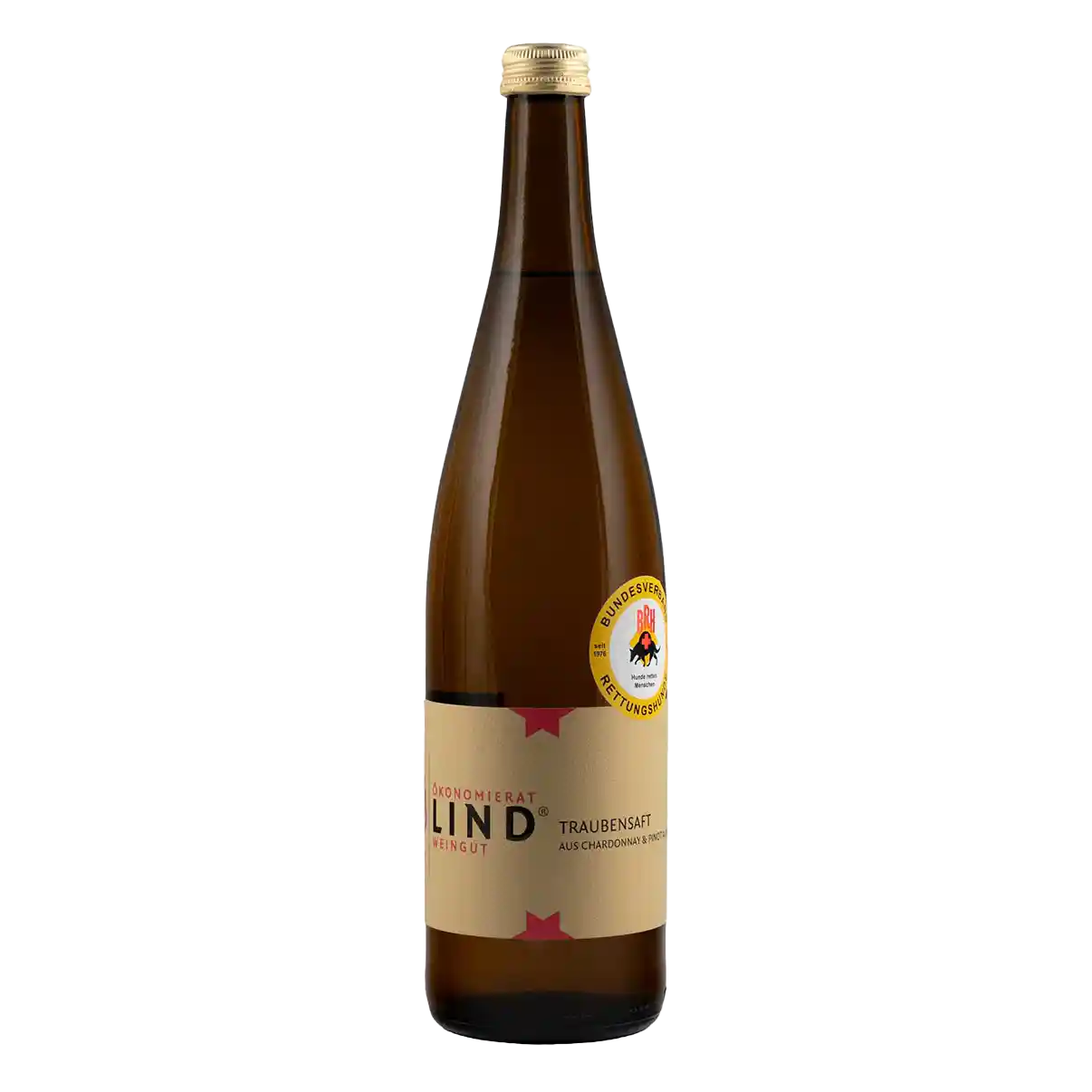 Flasche BRH Traubensaft vom Weingut Ökonomierat Lind vor hellem Hintergrund