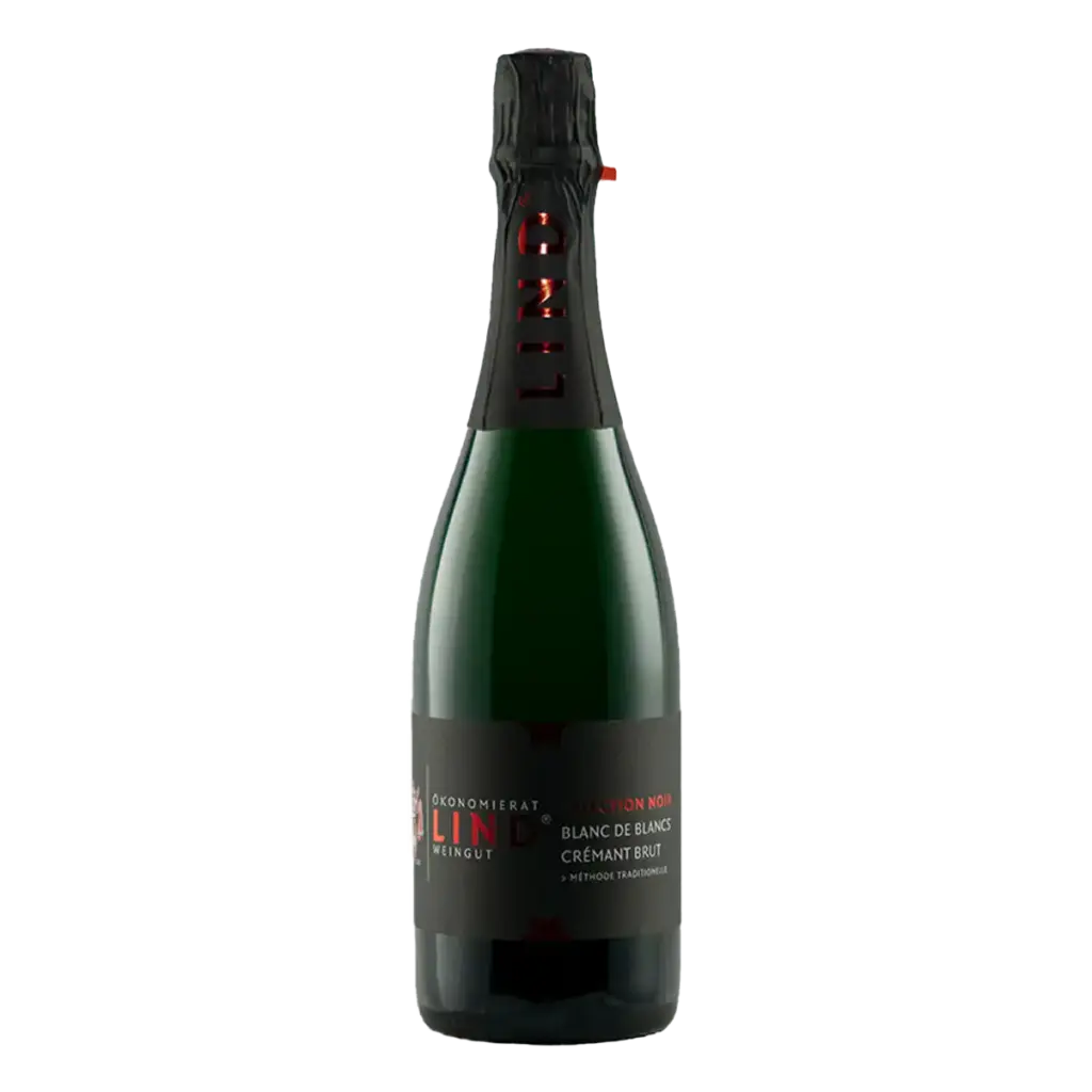 Flasche Blanc-de-Blancs Brut – Sekt / Schaumwein – vom Weingut Ökonomierat Lind vor hellem Hintergrund