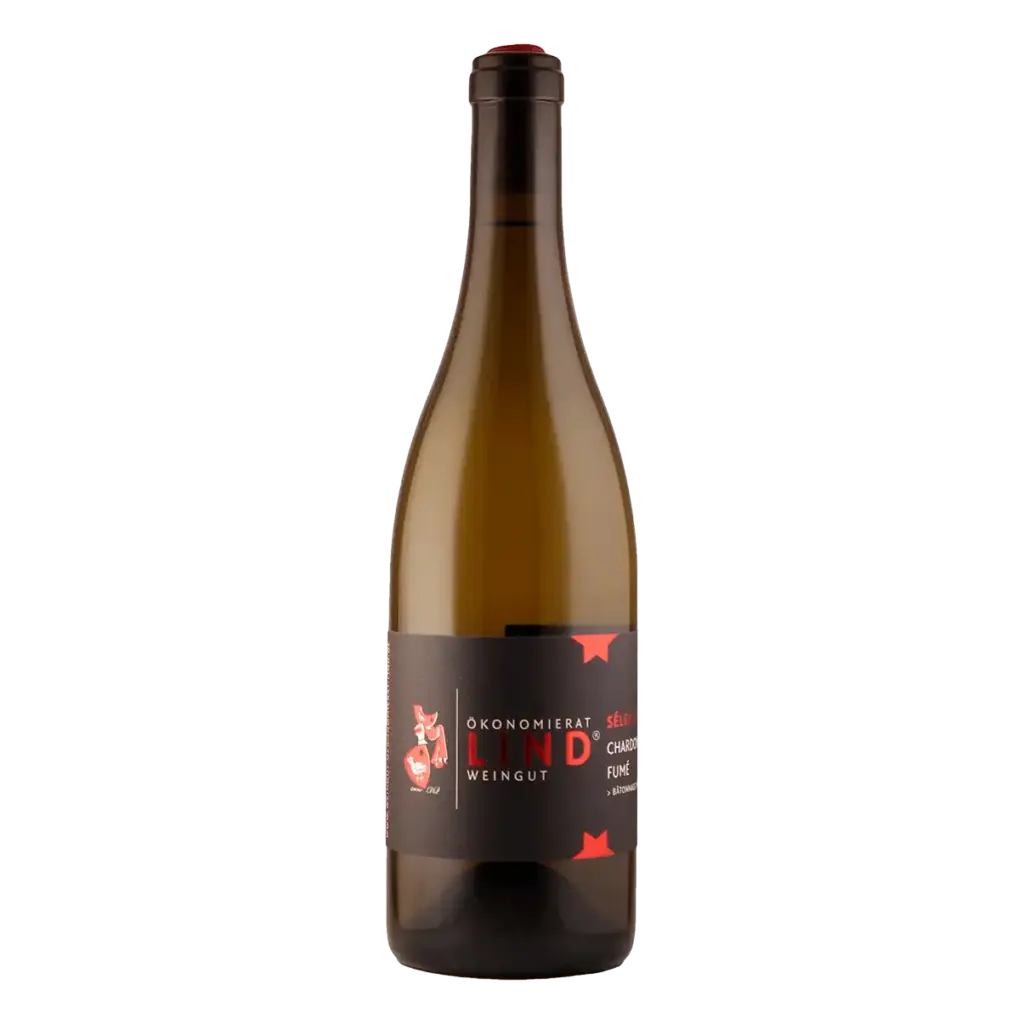 Flasche Chardonnay Fumé vom Weingut Ökonomierat Lind auf weißem Hintergrund