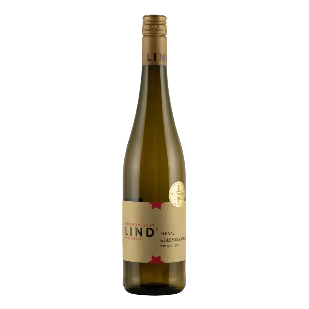 Flasche Elenas Goldmuskateller vom Weingut Ökonomierat Lind – feinherber Weißwein aus der Pfalz