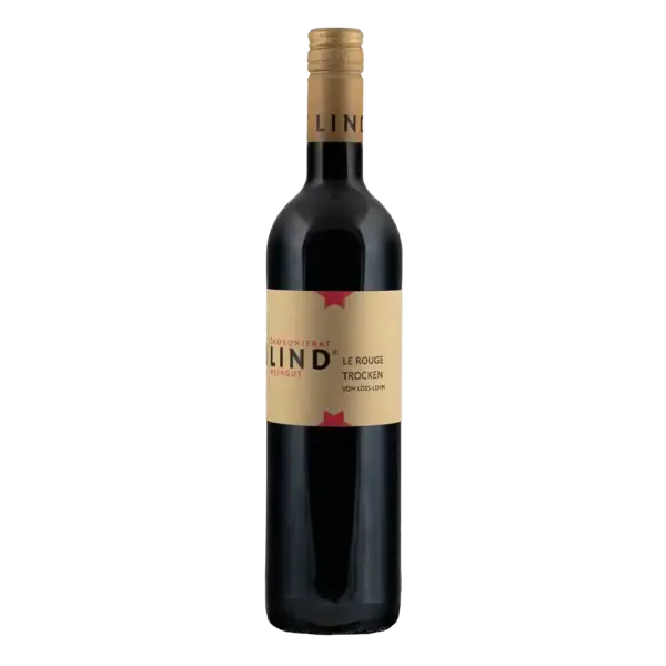 Flasche Le Rouge trocken vom Weingut Ökonomierat Lind vor hellem Hintergrund