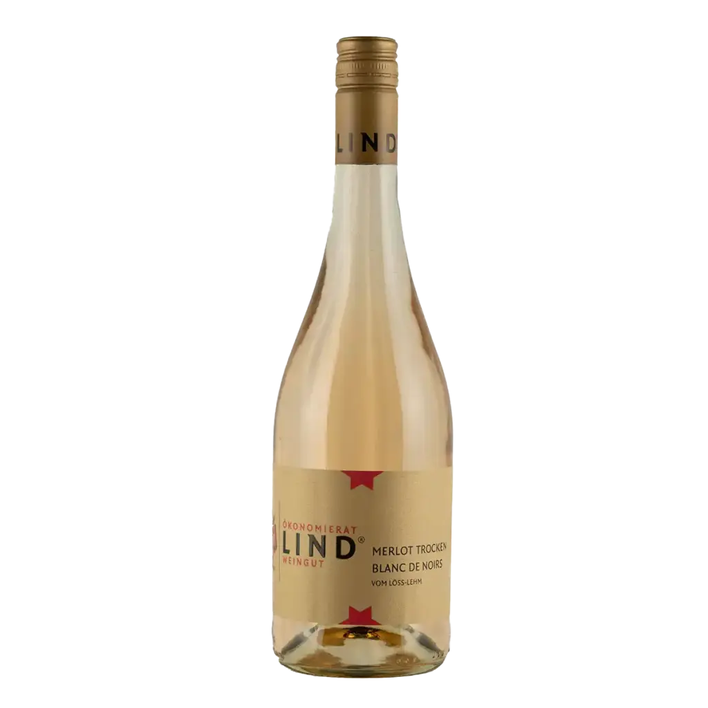 Flasche Merlot Blanc de Noirs vom Weingut Ökonomierat Lind vor hellem Hintergrund