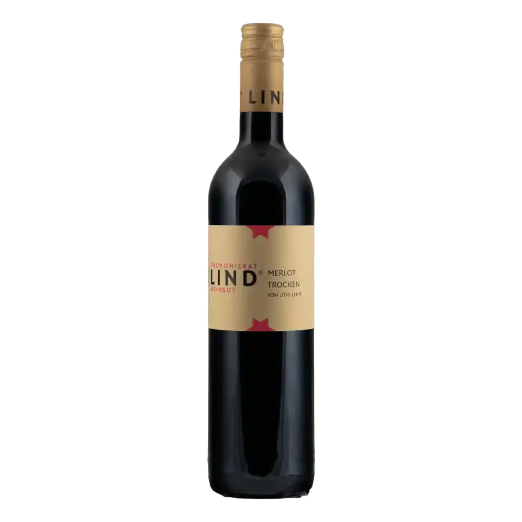 Flasche Merlot trocken vom Weingut Ökonomierat Lind vor hellem Hintergrund