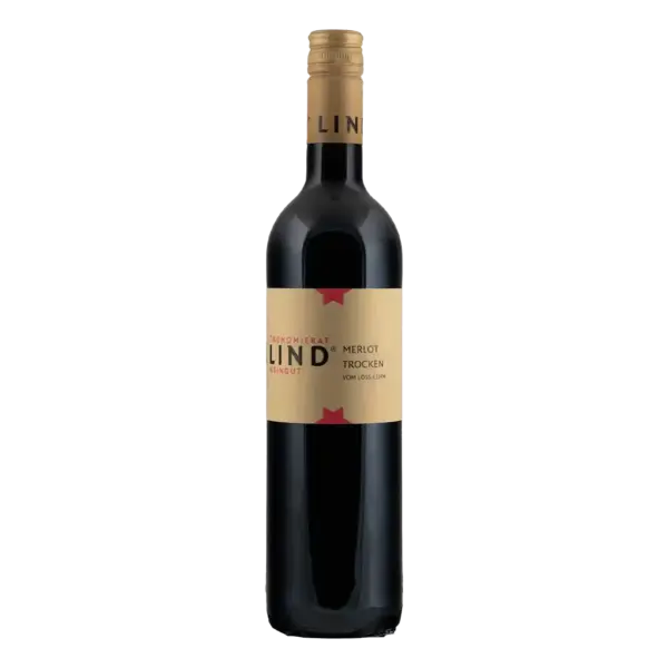 Flasche Merlot trocken vom Weingut Ökonomierat Lind vor hellem Hintergrund