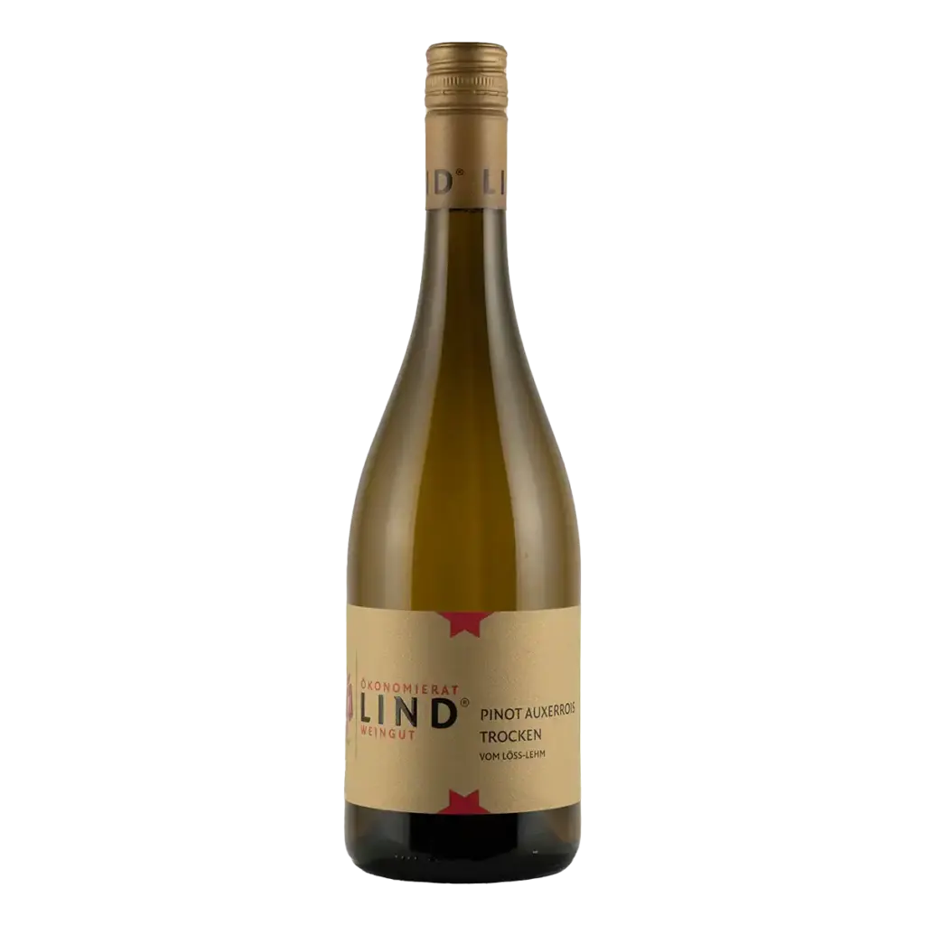 Flasche Pinot Auxerrois trocken vom Weingut Ökonomierat Lind auf weißem Hintergrund