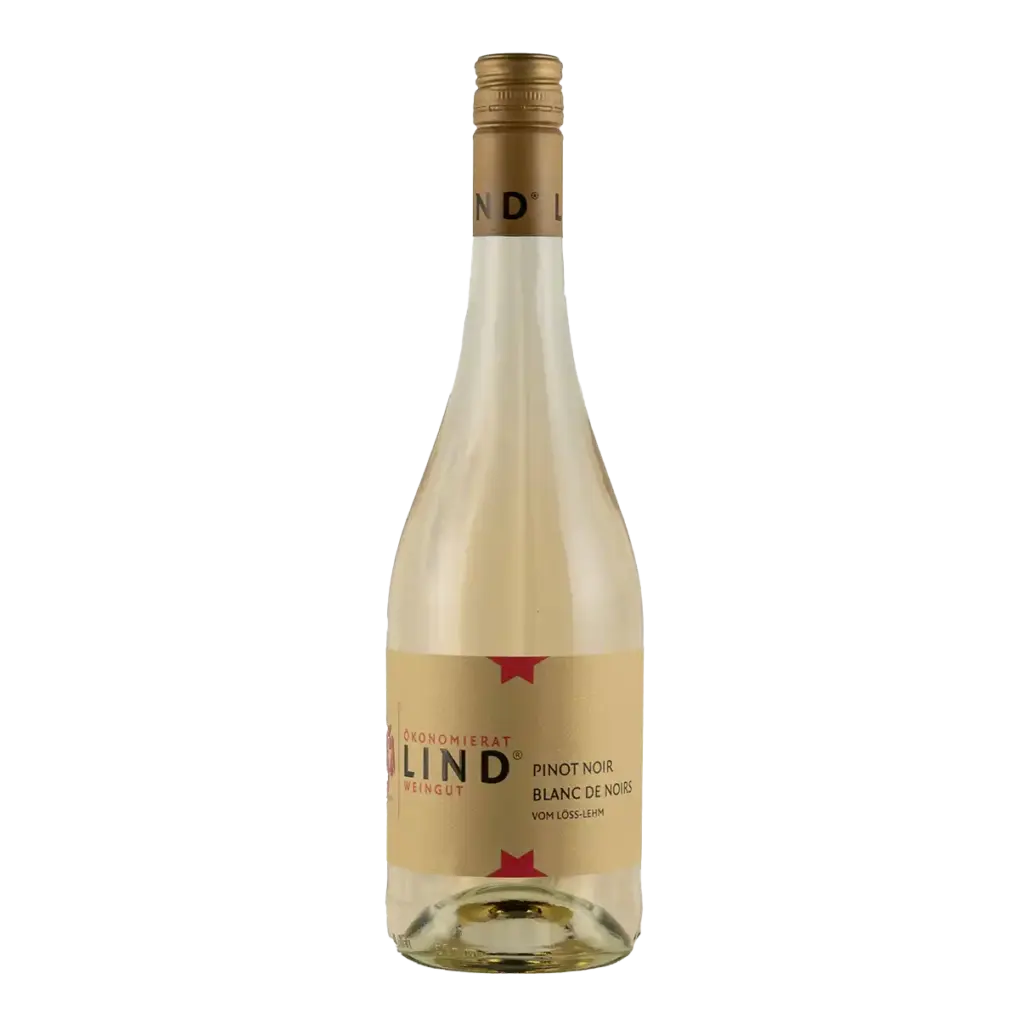 Flasche Pinot Noir Blanc de Noirs vom Weingut Ökonomierat Lind vor hellem Hintergrund