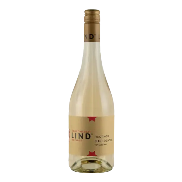 Flasche Pinot Noir Blanc de Noirs vom Weingut Ökonomierat Lind vor hellem Hintergrund