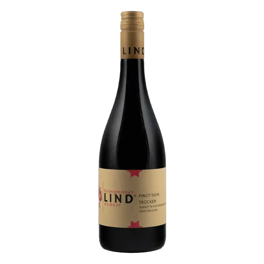 Flasche Pinot Noir trocken vom Weingut Ökonomierat Lind vor hellem Hintergrund