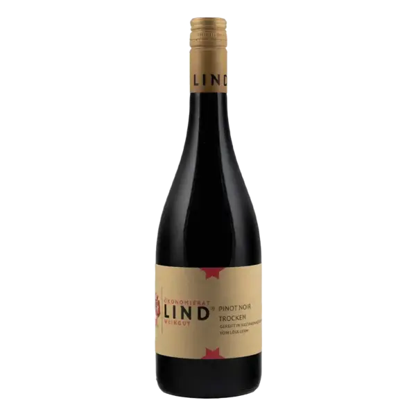 Flasche Pinot Noir trocken vom Weingut Ökonomierat Lind vor hellem Hintergrund