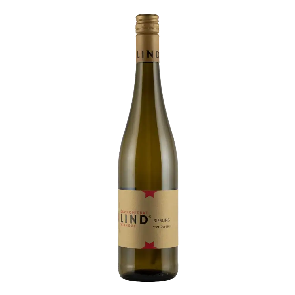 Flasche Riesling Feinherb vom Weingut Ökonomierat Lind auf weißem Hintergrund