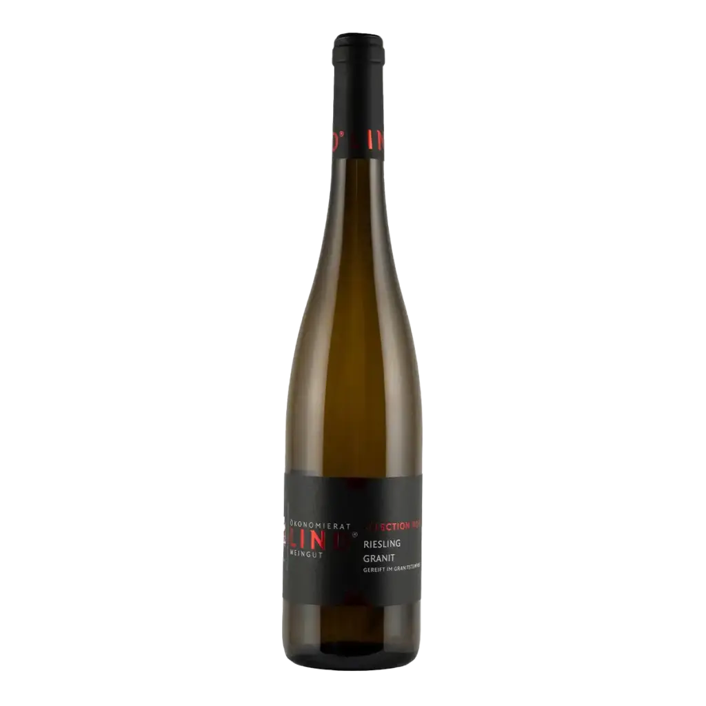 Flasche Riesling Granit vom Weingut Ökonomierat Lind auf weißem Hintergrund