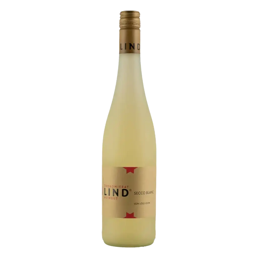 Flasche Secco Blanc vom Weingut Ökonomierat Lind vor hellem Hintergrund