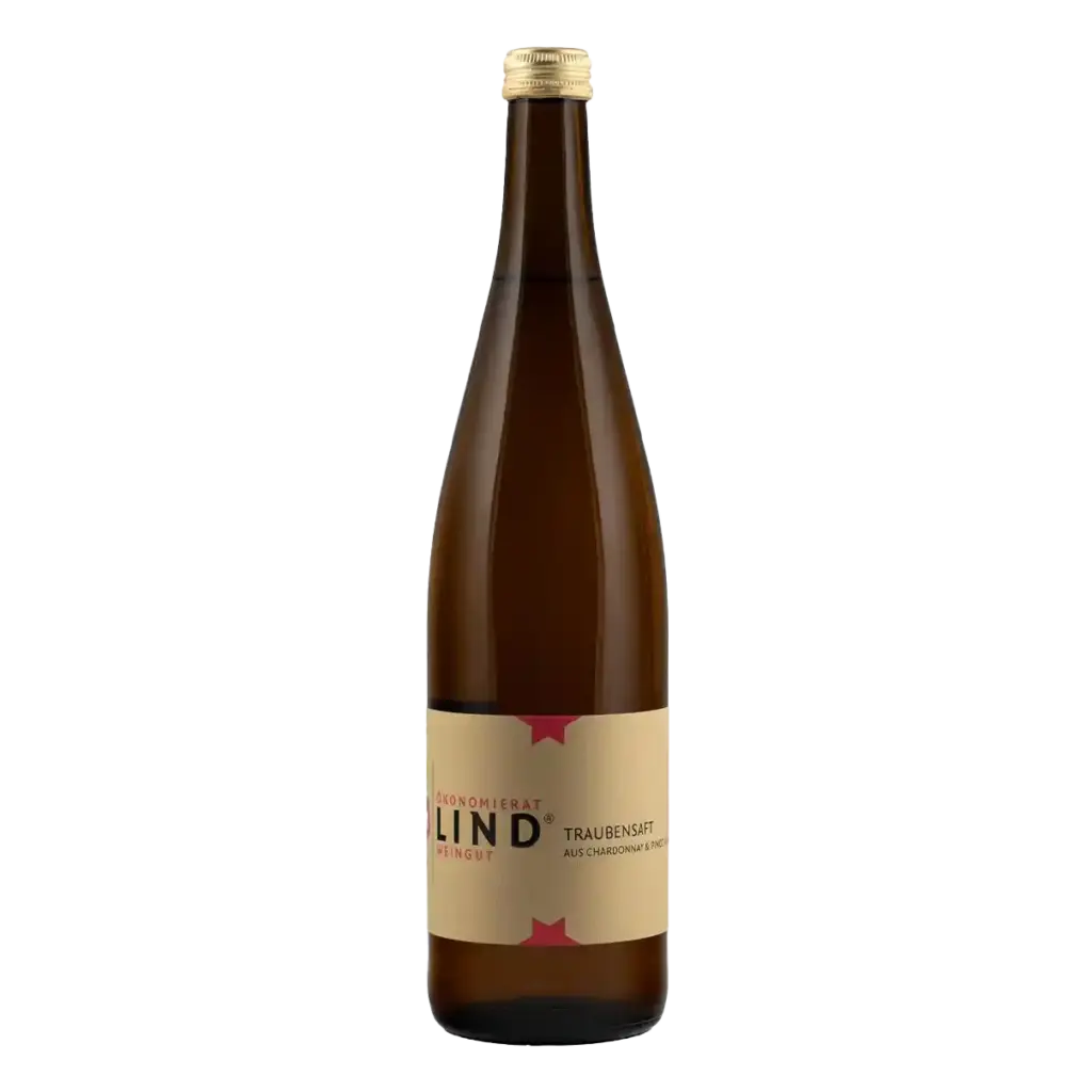 Flasche Traubensaft vom Weingut Ökonomierat Lind vor hellem Hintergrund