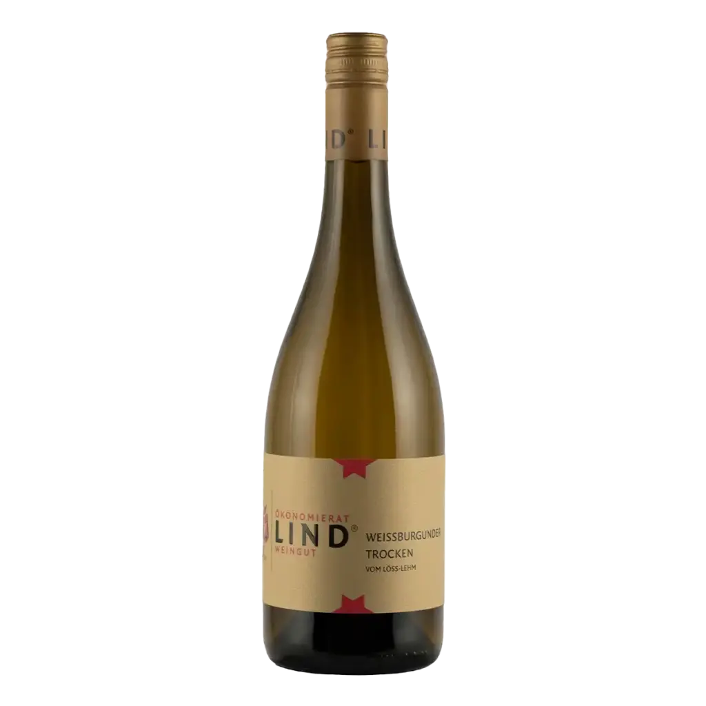 Flasche Weißburgunder trocken vom Weingut Ökonomierat Lind auf weißem Hintergrund