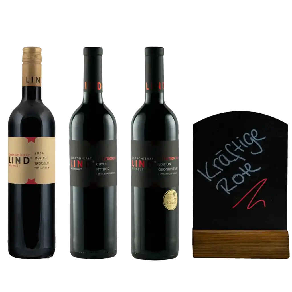 Drei rote Weine im Paket „Kräftige Rote“ vom Weingut Ökonomierat Lind