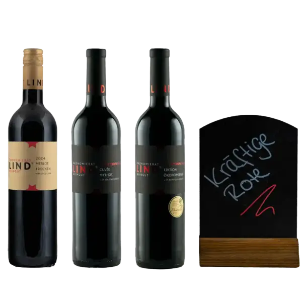 Drei rote Weine im Paket „Kräftige Rote“ vom Weingut Ökonomierat Lind
