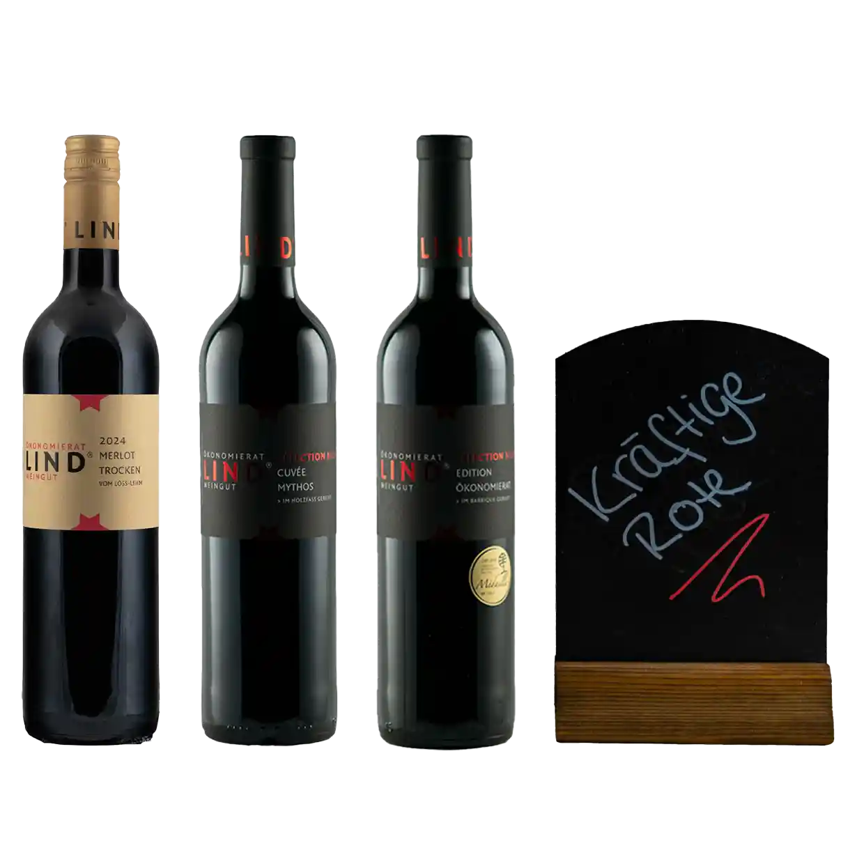 Drei rote Weine im Paket „Kräftige Rote“ vom Weingut Ökonomierat Lind