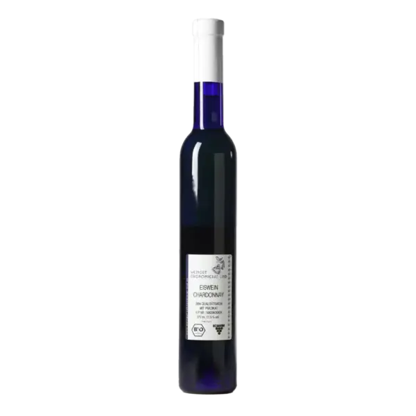 Rückseite der Chardonnay Eiswein-Flasche mit Rücketikett
